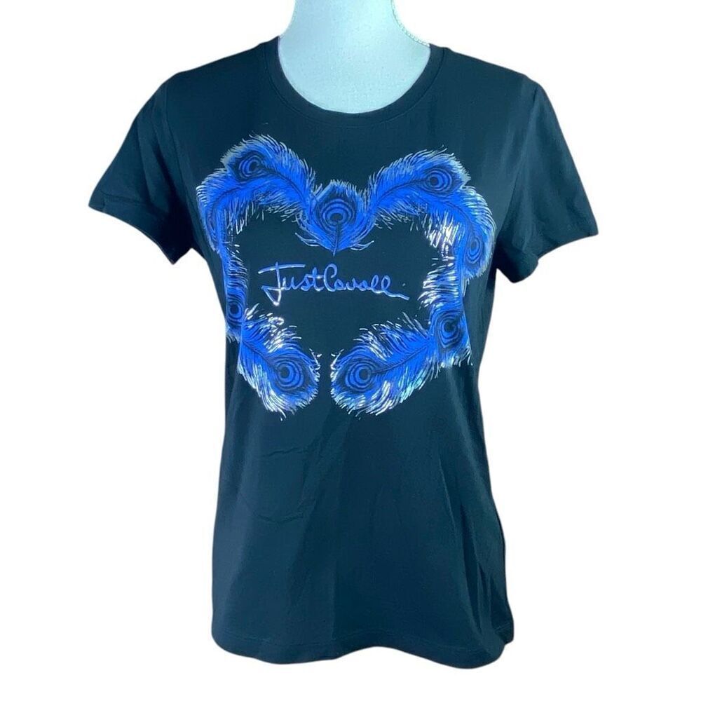 Just Cavalli Womens Black Peacock Feather Graphic T-Shirt Size Small
